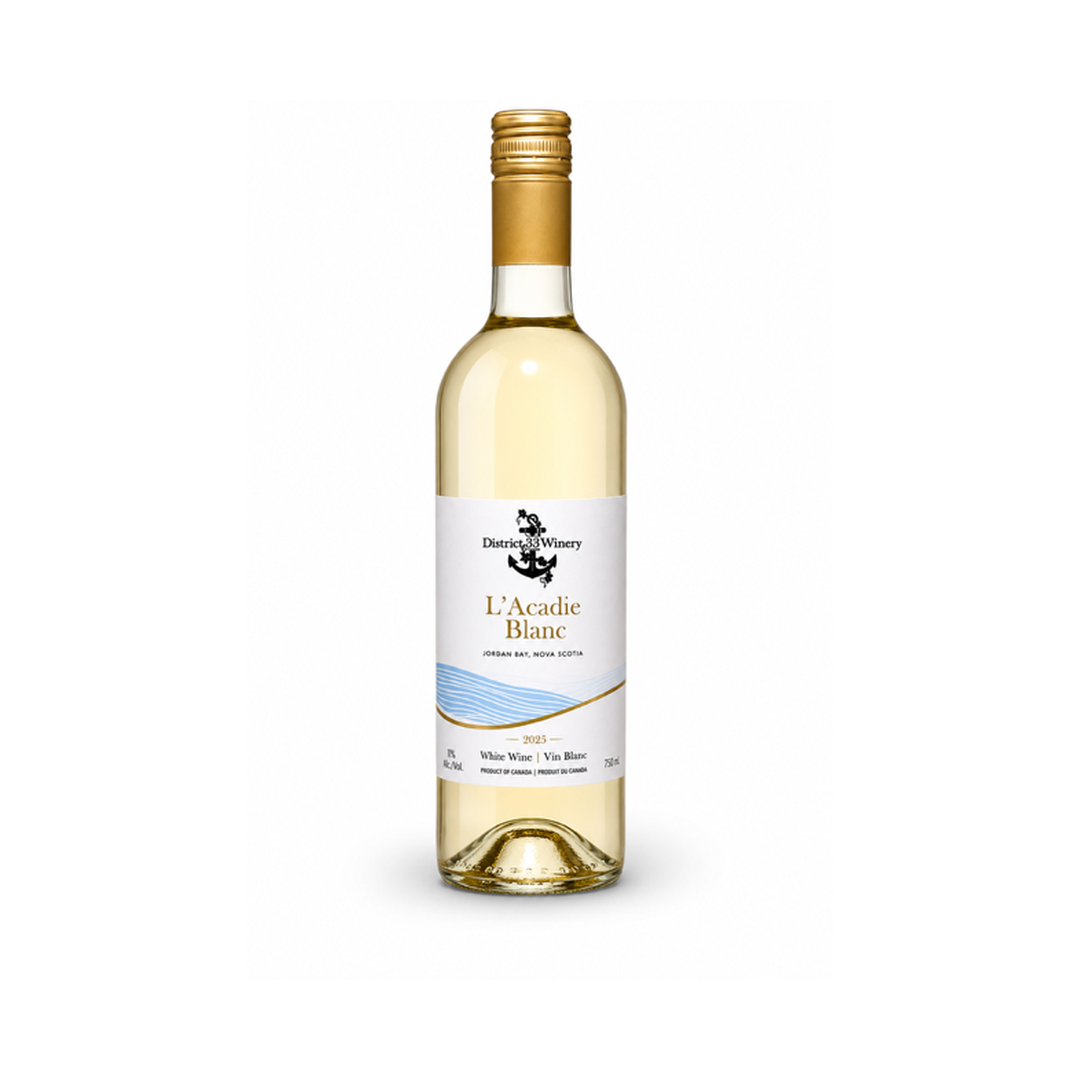 L'Acadie Blanc (2025) white wine bottle from District 33 Winery